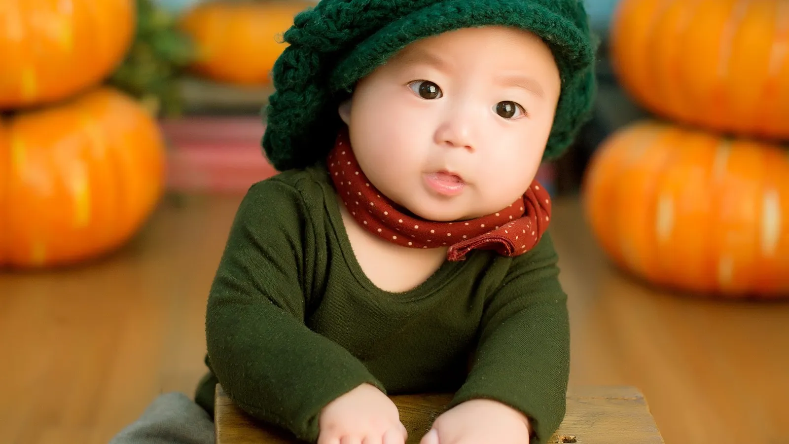 Bébé coiffé d'un bonnet de laine vert assis devant des citrouilles d'automne