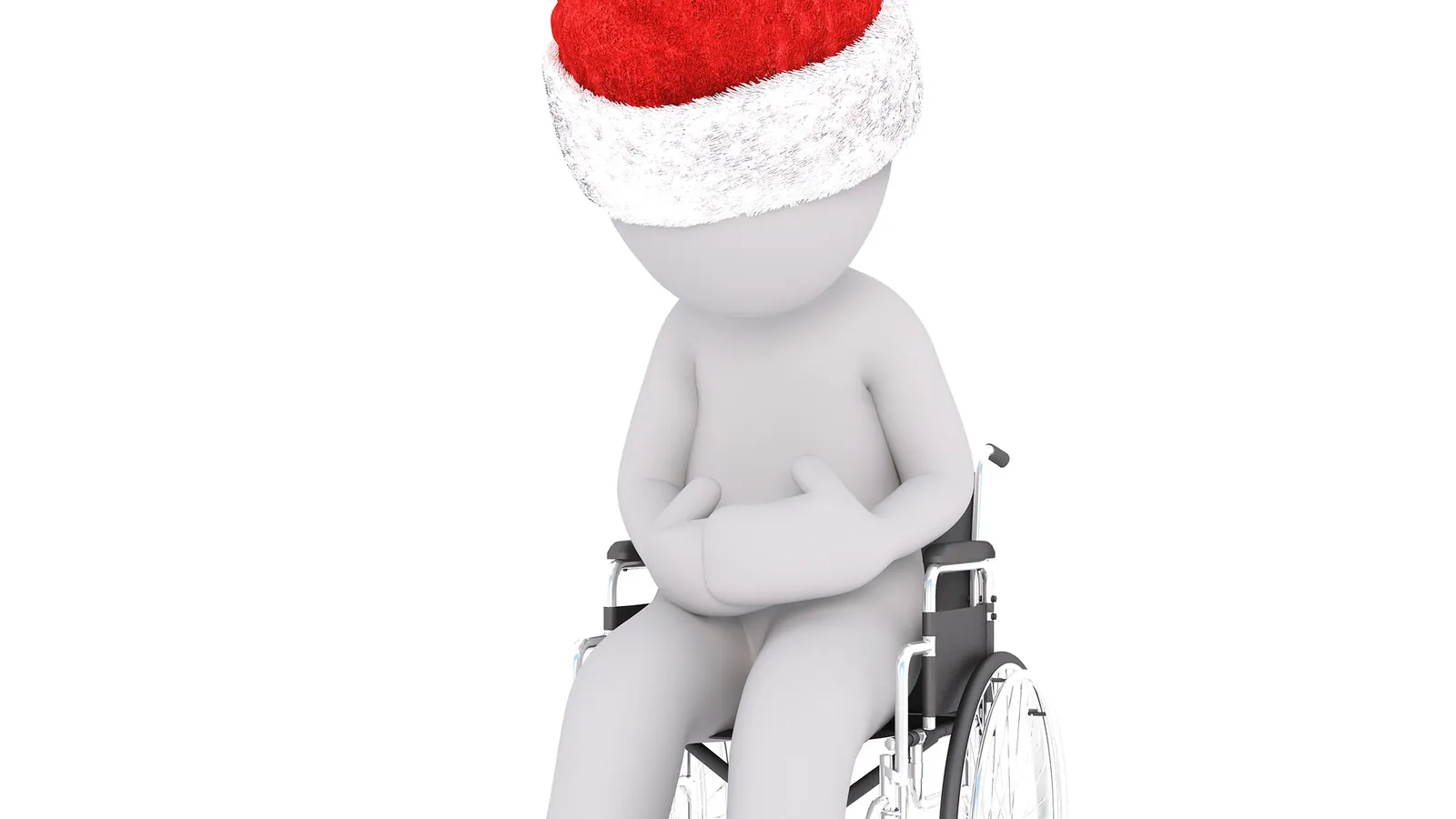 Personnage 3D blanc en fauteuil roulant coiffé d'un bonnet rouge de Père Noël